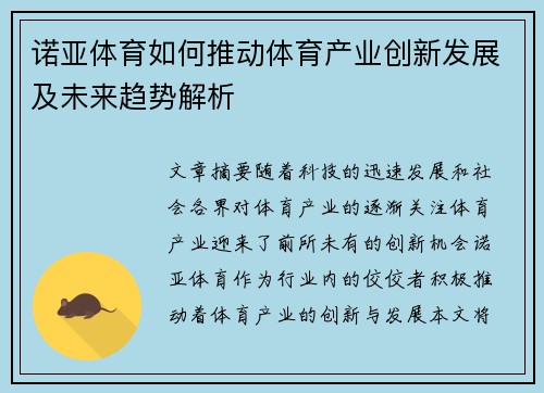 诺亚体育如何推动体育产业创新发展及未来趋势解析