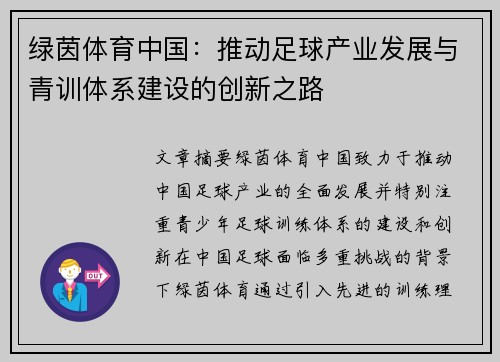 绿茵体育中国：推动足球产业发展与青训体系建设的创新之路